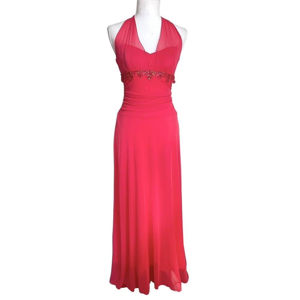 Vintage Y2K‎ Glam Empire Waist Halter Neck Evening Gown Beaded Sz 4 Pageantcore